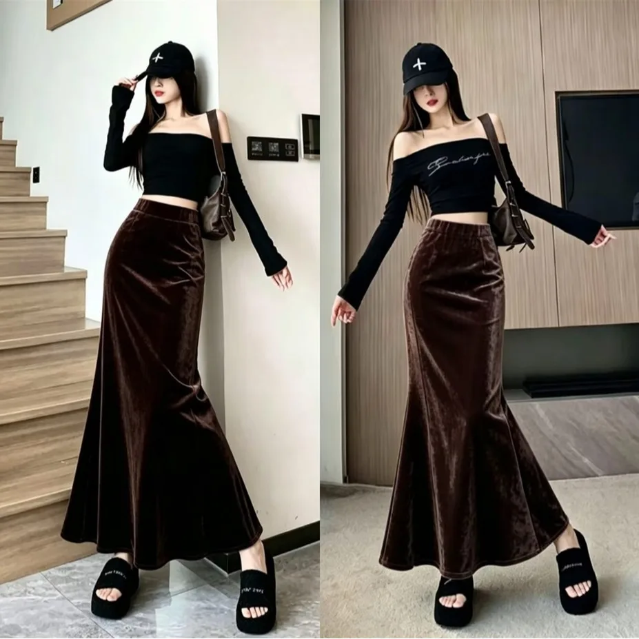 Elegant Velvet Shiny  Color Versatile High Waist Fish Tail Half Skirt Autumn New Arrival Women's Casual Mid-Length Skirt