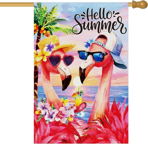 Flamingo House Flag Double Sided, Hello Summer Tropical Yard Decor, Summer Outdo 744110111460 AAV hhz