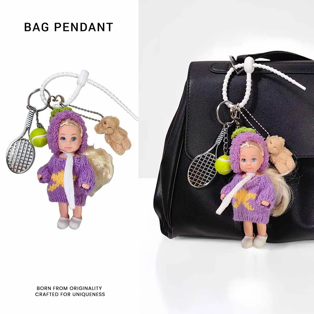 Active Style Purple Doll Bag Charm Cute Knit Keychain with Tennis Theme Charms Adjustable Lanyard Pendant Casual Gift for Her
