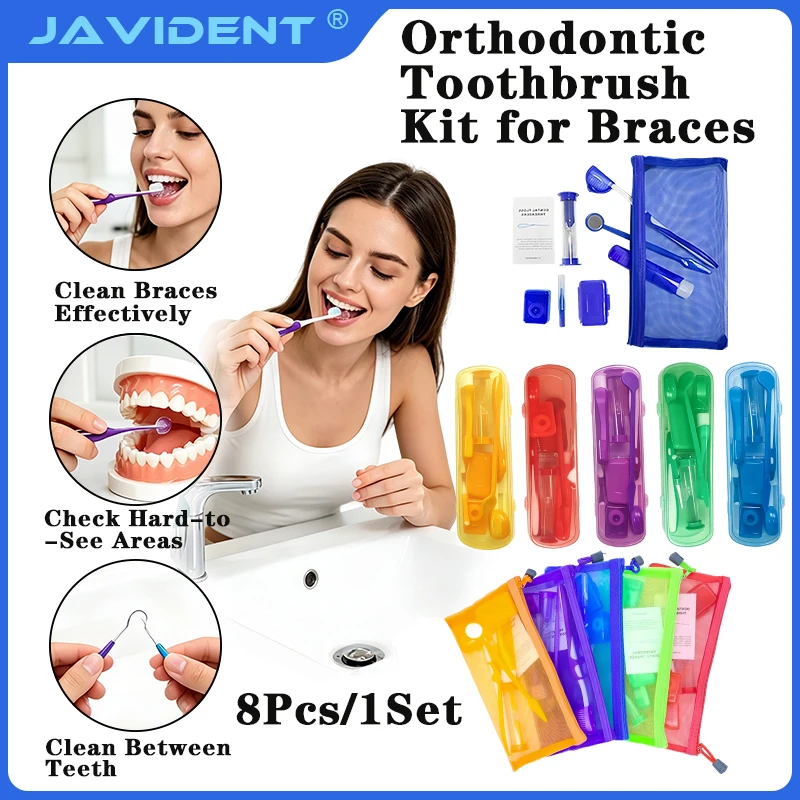 8pcs/set Dental Care Brush Kit Orthodontic Teeth Cleaning Tool Foldable Toothbrush Interdental Brush Floss Thread Wax Travel Kit
