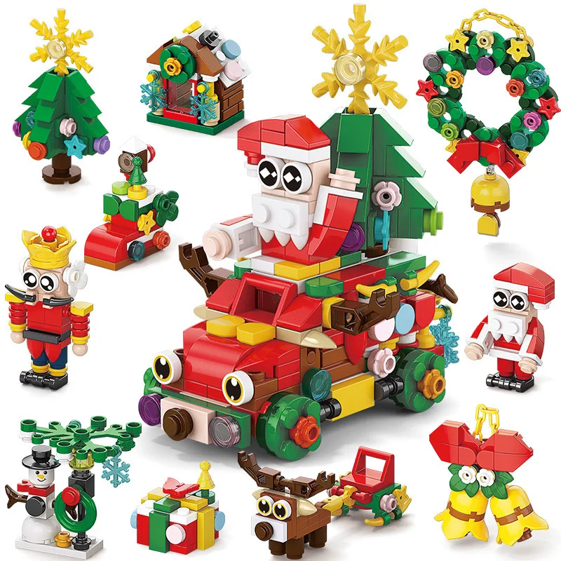 10in1 Christmas Elk Deer Santa Claus Train Street View Xmas Tree Snow House Building Blocks Kit DIY Toy