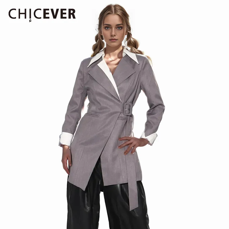 

CHICEVER Patchwork Belt Temperament Blazers For Women Notched Collar Long Sleeve High Waist Asymmetric Colorblock Blazer Female