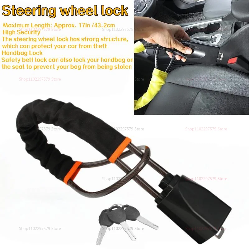 Heavy Duty Car Steering Wheel Lock Steel Cable Seat Belt Buckle Anti-Theft for SUV Truck Van RV Vehicle Security