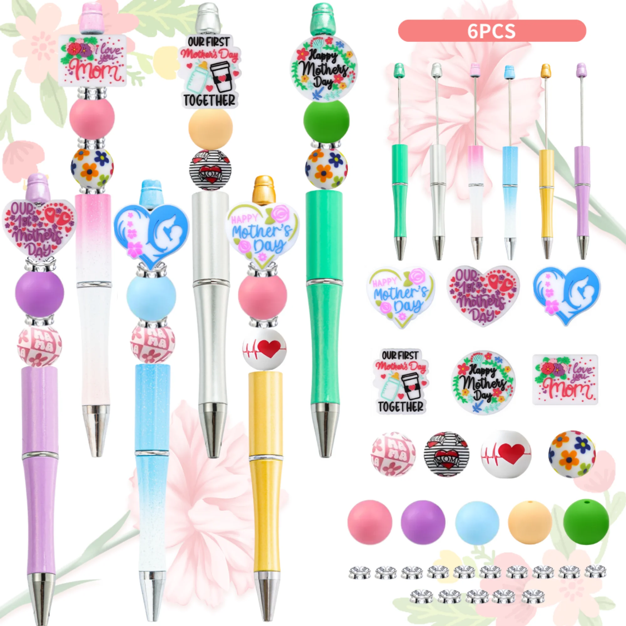 

6PCS Mother's Day MOM Theme DIY Beaded Ballpoint Pen and Silicone Bead Set, Gift for Mothers, ,Office &School Supply