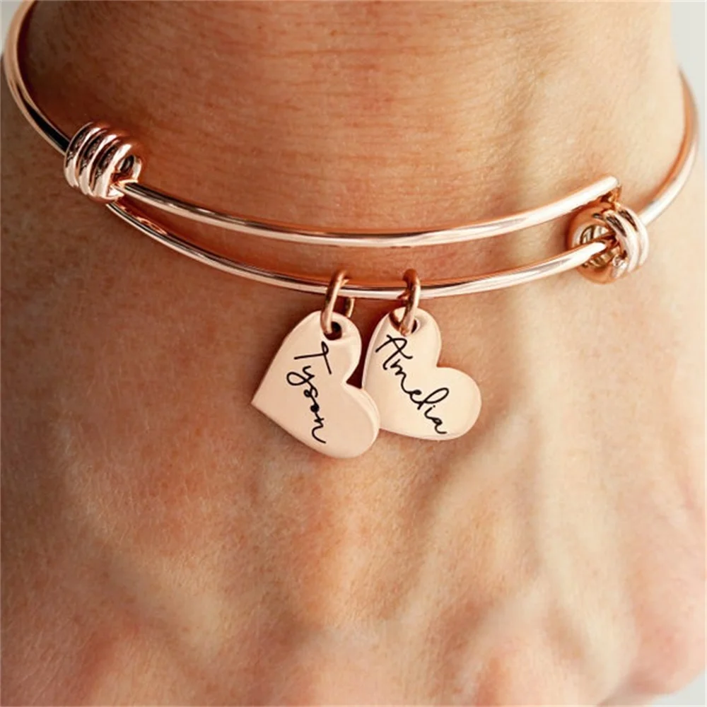 Customized Engraved 1-3 Names Bracelets Personalized Custom Round Heart Bangle for Women Boy Girl Bracelets Beautiful Gift image 3