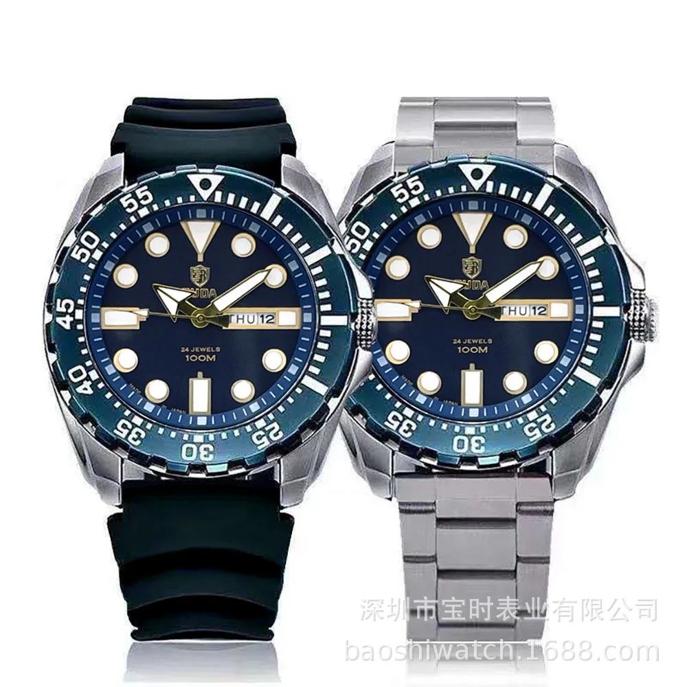Orologio al quarzo da uomo serie Submariner quadrante da 45 mm con movimento Miyota calendario settimanale luminoso cinturino in acciaio e silicone 3ATM
