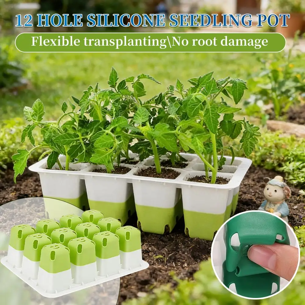 12 Hole Silicone Seed Starter Tray Flexible Plant Germination Kit Reusable Garden Nursery Pots for Seedlings Greenhouse