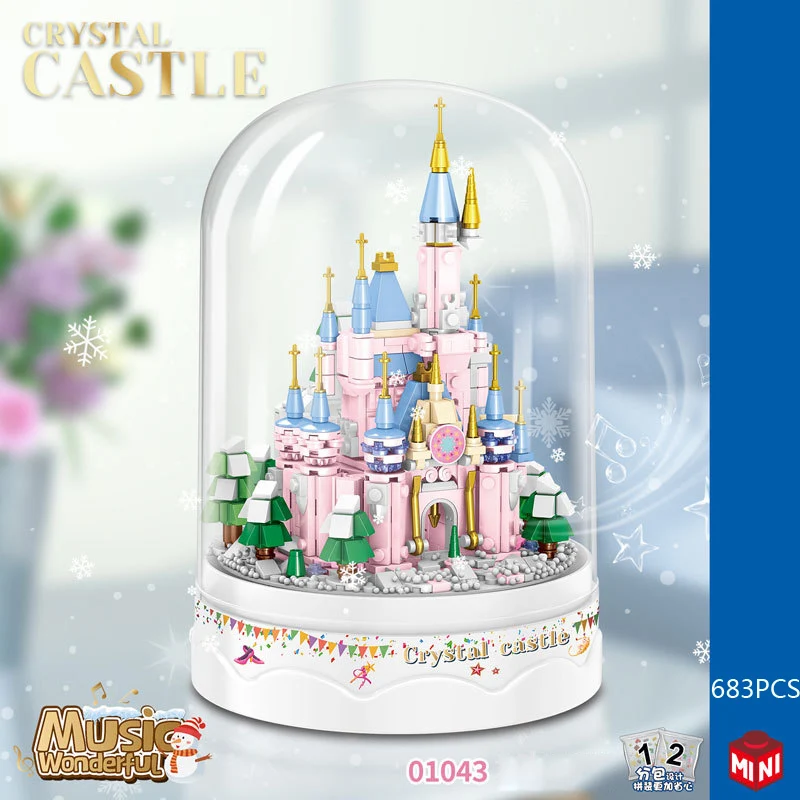 Idea Mini Block Pink Fairy Tale Princess Crystal Castle Building Bricks Construction Model Display Stand Toys For Girls Gifts