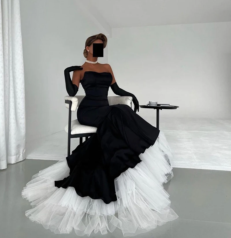 2023 Black Mermaid Prom Dress Strapless Ruffles Satin Tulle Pageant Wear Outfit Graduation Gala Gown Robe De Soiree