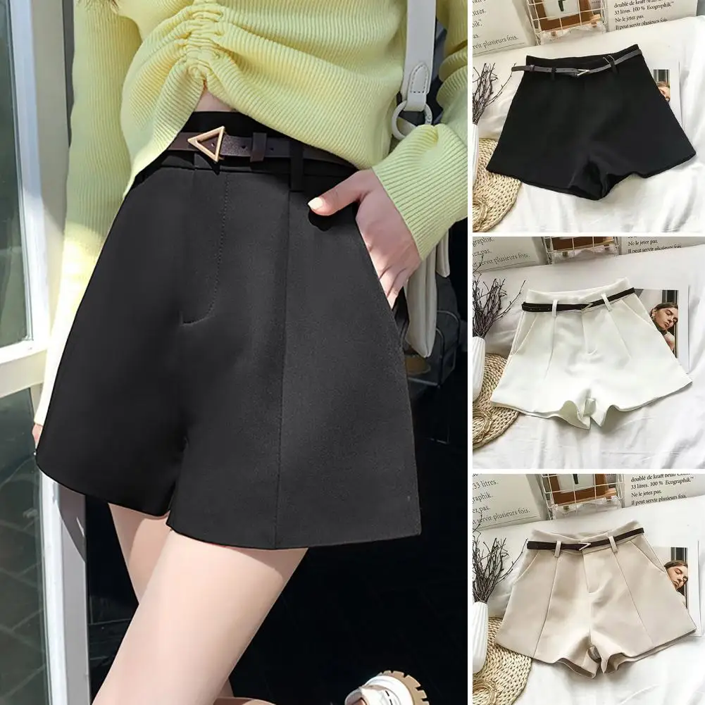 Women Pocketed Shorts Stylish Women's Suit Shorts with Belt Pockets for Workwear Commuting Wide Leg Design in Solid for Everyday