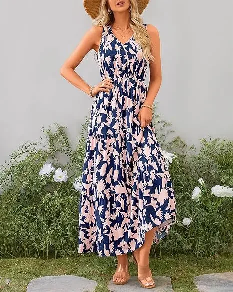 Women Floral Pattern Long Dress Sexy Sleeveless V-neck Print Dress New Summer Casual Vacation Boho Beach Maxi Dress Lady Vestido
