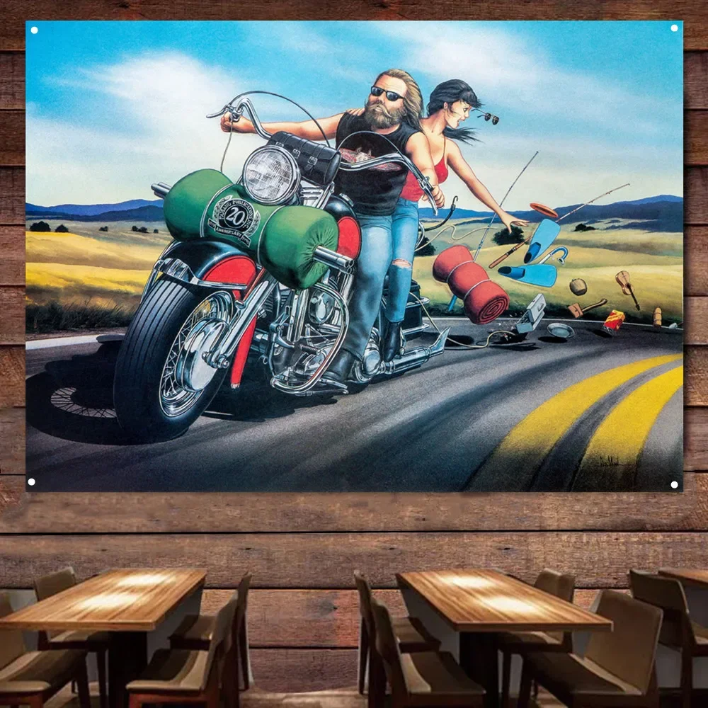 

Luggage spilled while riding Vintage Banner Motorcycle Painting for Garage Gas Station Man Cave Auto Repair Shop Decor Poster