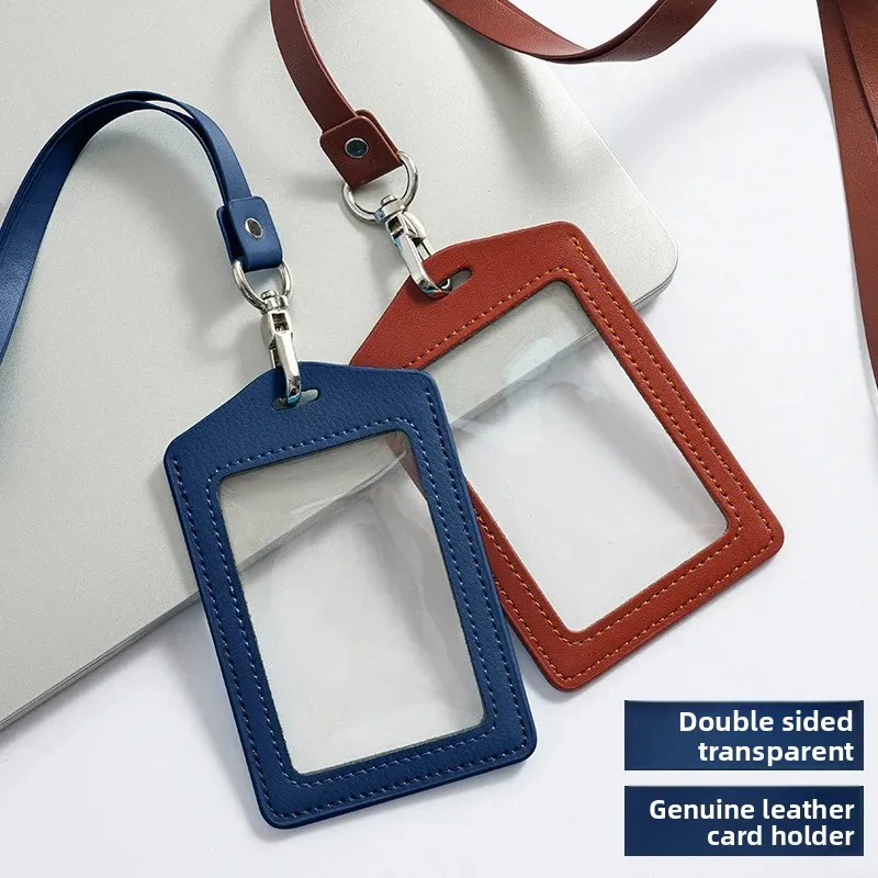 Double-Sided Transparent Genuine Leather Lanyard Work ID Card Holder Customizable Logo Neutral Minimalist Style Business Card Ca