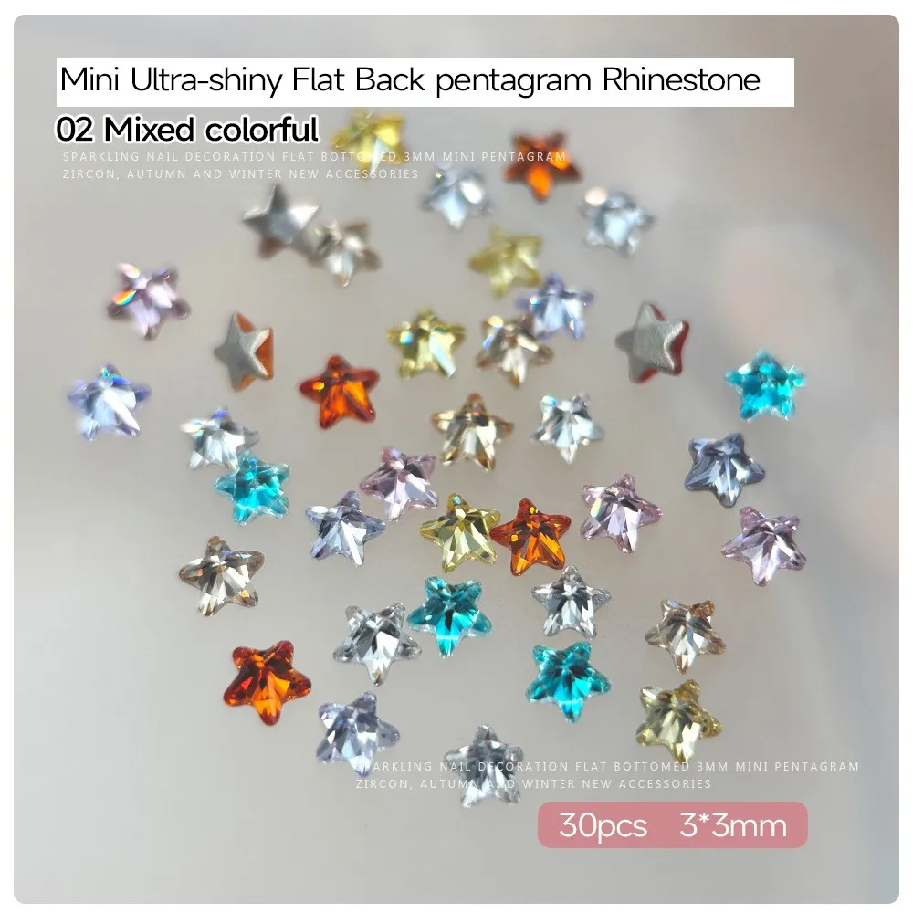 คริสตัลรูปดาว 3 มิติ 30 ชิ้น ขนาด 3*3 มม. สีใส ชมพู แดง น้ำเงิน ประดับเล็บ รูปดาว เพชร น่ารัก อุปกรณ์ตกแต่งเล็บ @