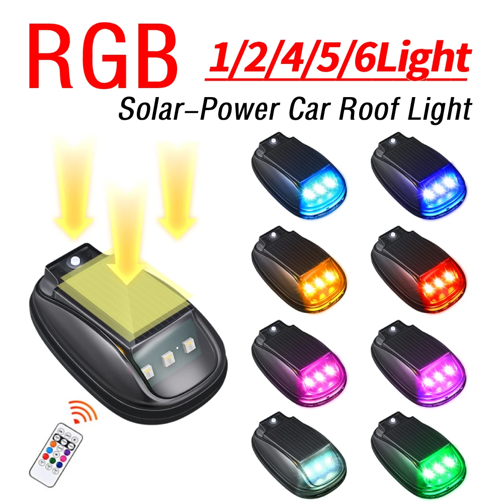 

1-6 Lights Solar-Power Car Roof Light with RC Punch-Free Wireless Flashing Lights RGB Solar Powered Strobe Pilot Light Car Decor