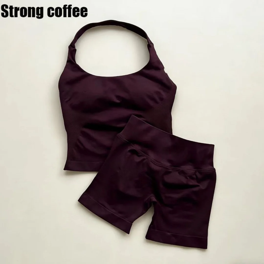 1D-F Logo 2 Pieces Gym Set Women impact Seamless Halter  Scrunch Butt High Waist Shorts pilates set halter neck yoga set