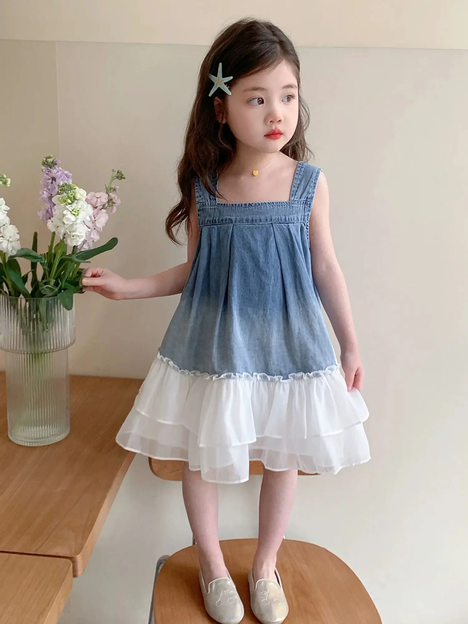 Summer Toddler Girls Square Collar Denim Tank Dress Patchwork Multi-layer Mesh Ruffle Hem Princess Dress Birthday Party Outfit