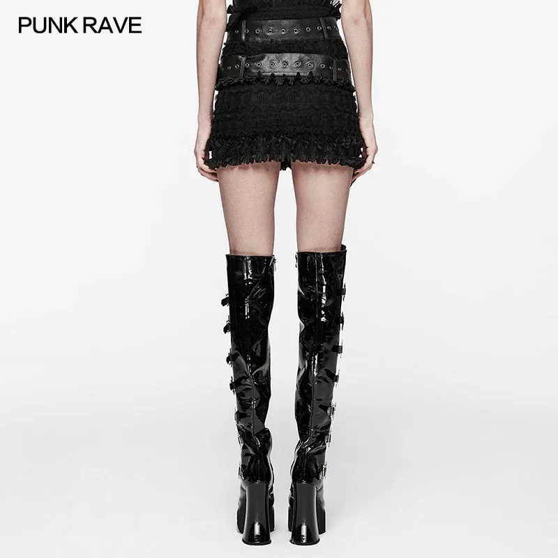 PUNK RAVE Women\'s Punk Detachable Leather Loops Around The Waist Cute Skirt Personalized Rebellious Club Short Skirts