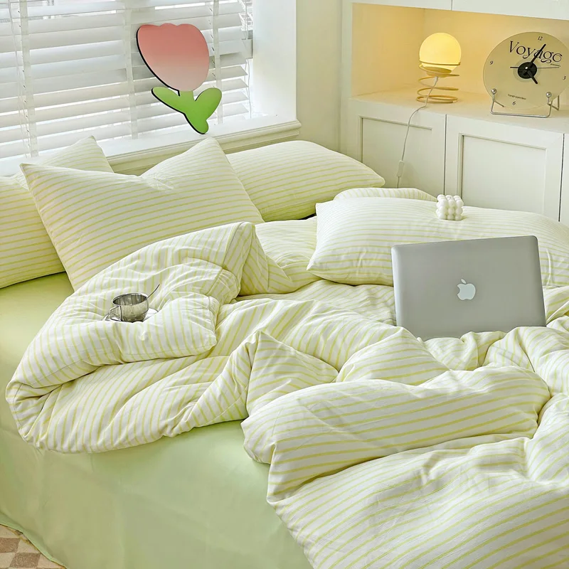 Simple Stripe Color Block Bedding Set with Pillowcase Orange Duvet Cover Double Bed Linen for Bedroom Decor