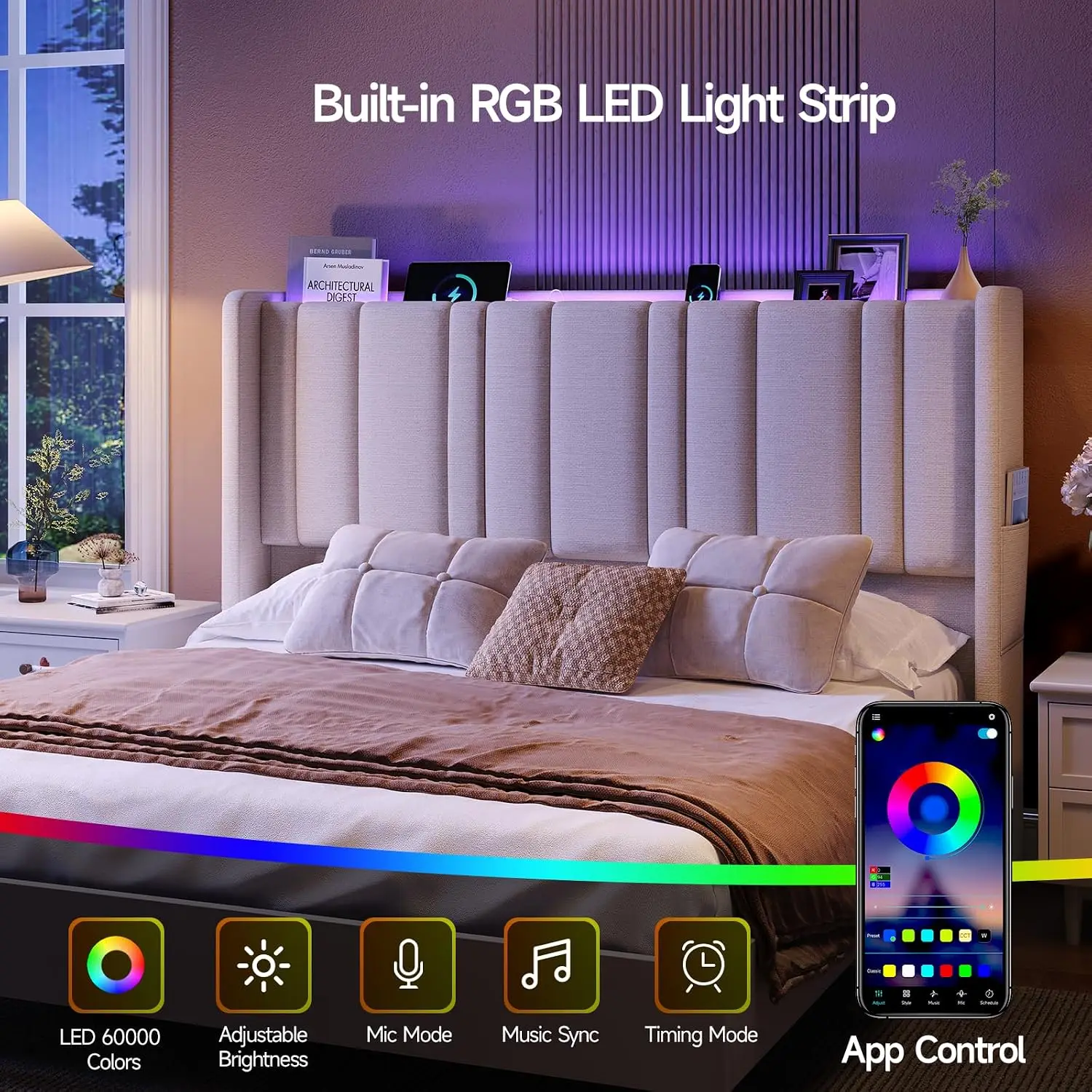 Queen Size Upholstered Headboard with Storage & LED Light, Customized