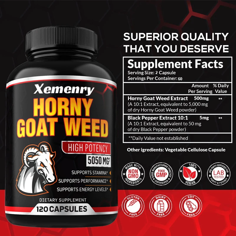 Men\'s Horny Goat Weed Capsules 5050 mg Formula Contains Black Pepper Extract