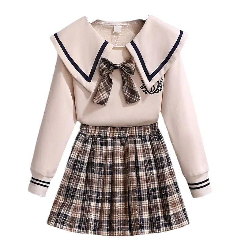 Korea School Uniform Autumn Blouse Shirt With Bow Tie High Waist Pleated Skirt 2PCS Japanese Style Student Skirt JK Outfits