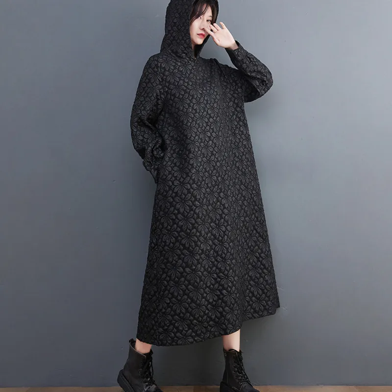 #3336 Black Red Sweatshirt Hooded Dresses Women Warm Thick Pullovers Straight Long Vintage A Line Dress Female Midi Loose Winter