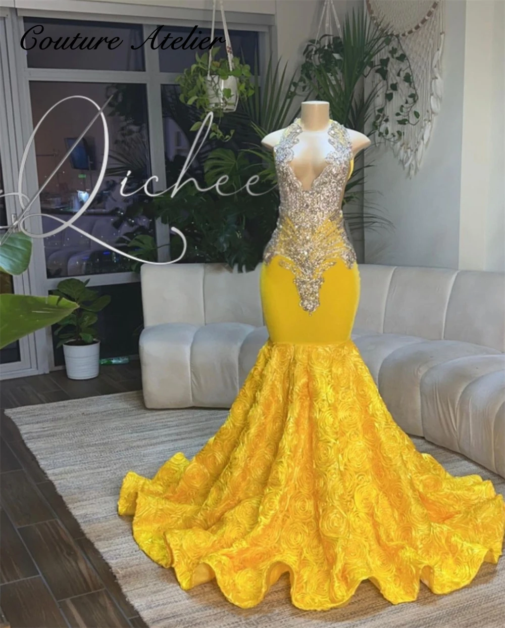 

Yellow Ruched Rose Train Silver Rhinestone Mermaid Prom Dress 2024 Black Girl African Wedding Evening Dress Sheer Mesh vestidos