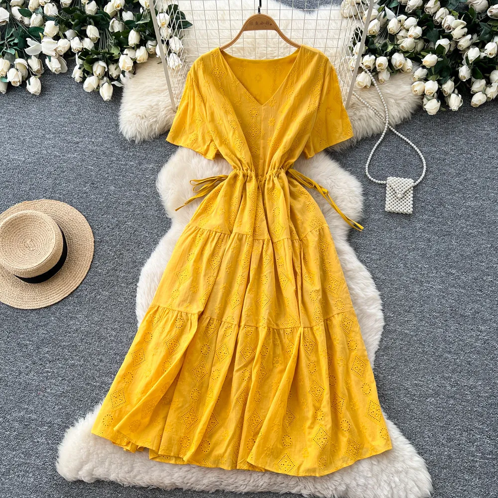 

Mid Length Dress Women Dresses A Line Vestidos Y2k Streetwear V Neck Short Sleeve Tight Waist Elegant Party Night Work 2026