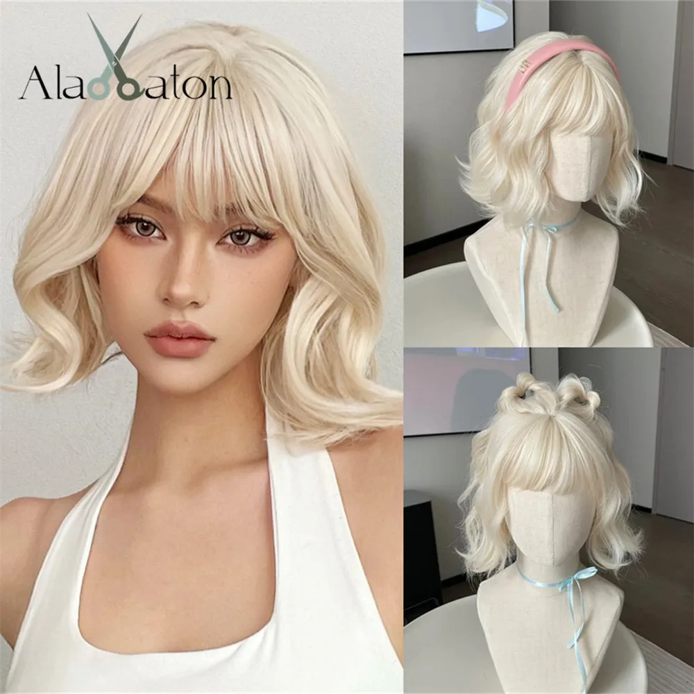ALAN EATON Platinum Short Wave Bob Hair Wig Light Blonde Syntetyczne peruki z grzywką dla kobiet Odporne na ciepło Cosplay Lolita Hair