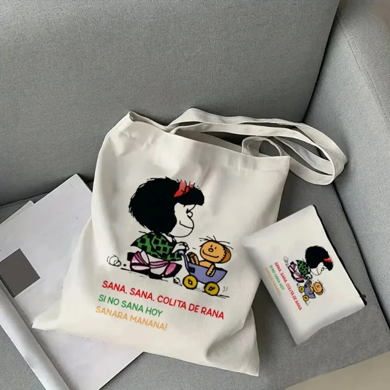 Mafalda Cute Cartoon Kawaii Tote Set-borsa a tracolla spaziosa da donna con facile accesso e pochette abbinata