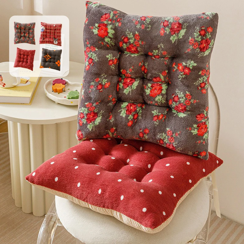Chinese Style Thickened Seat Cushion with Short Plush Suitable for All Seasons Home Dining Chair Cushion with Anti Slip Straps