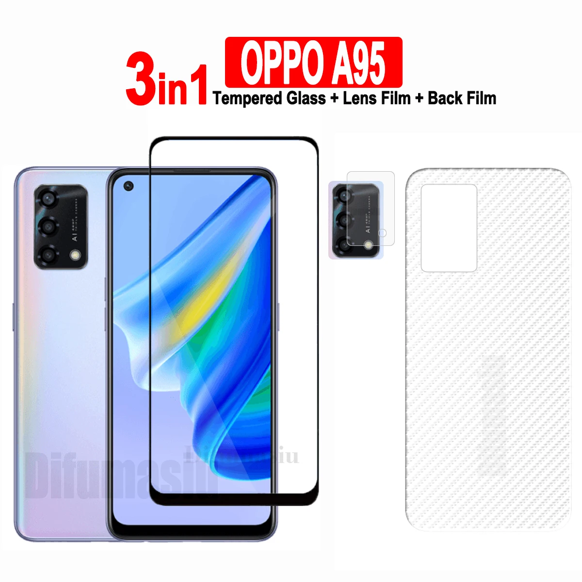 

Tempered Glass Screen Protector for OPPO, Camera Lens Film, Carbon Fiber Back Film, 3in 1, A98 5G, A96, A94, A92