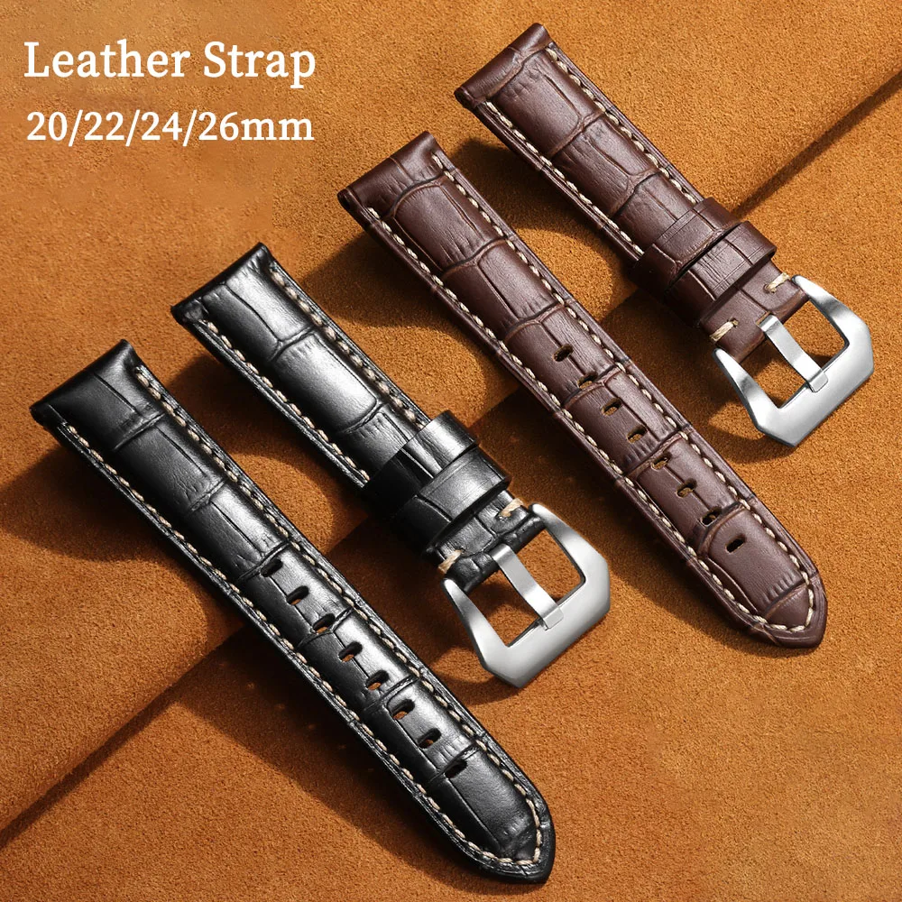 Retro Leather Strap 20mm 22mm 24mm 26mm Cowhide Bracelet for Panerai Bamboo Style Watch Band Men Women Waterproof Wristband