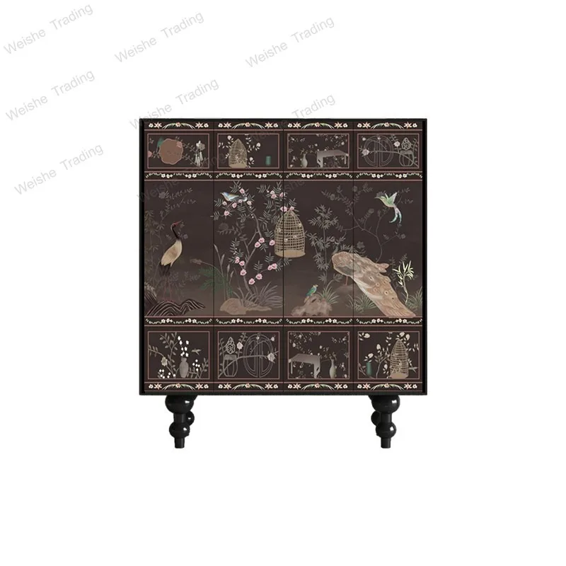 

French retro flower and bird solid wood entrance cabinet, living room entrance door against the wall, storage decoration side