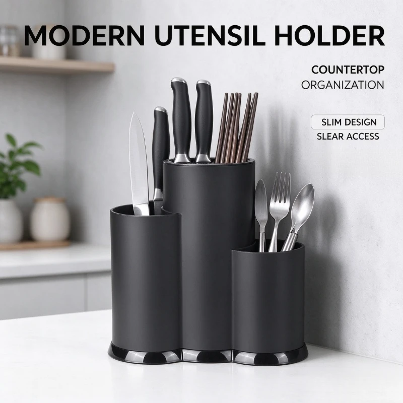 Multi-Function Knife Holder Utensil Stand, PP Knife Block Flatware Drainer Storage Box, Spoon Fork Countertop Kitchen Organizer