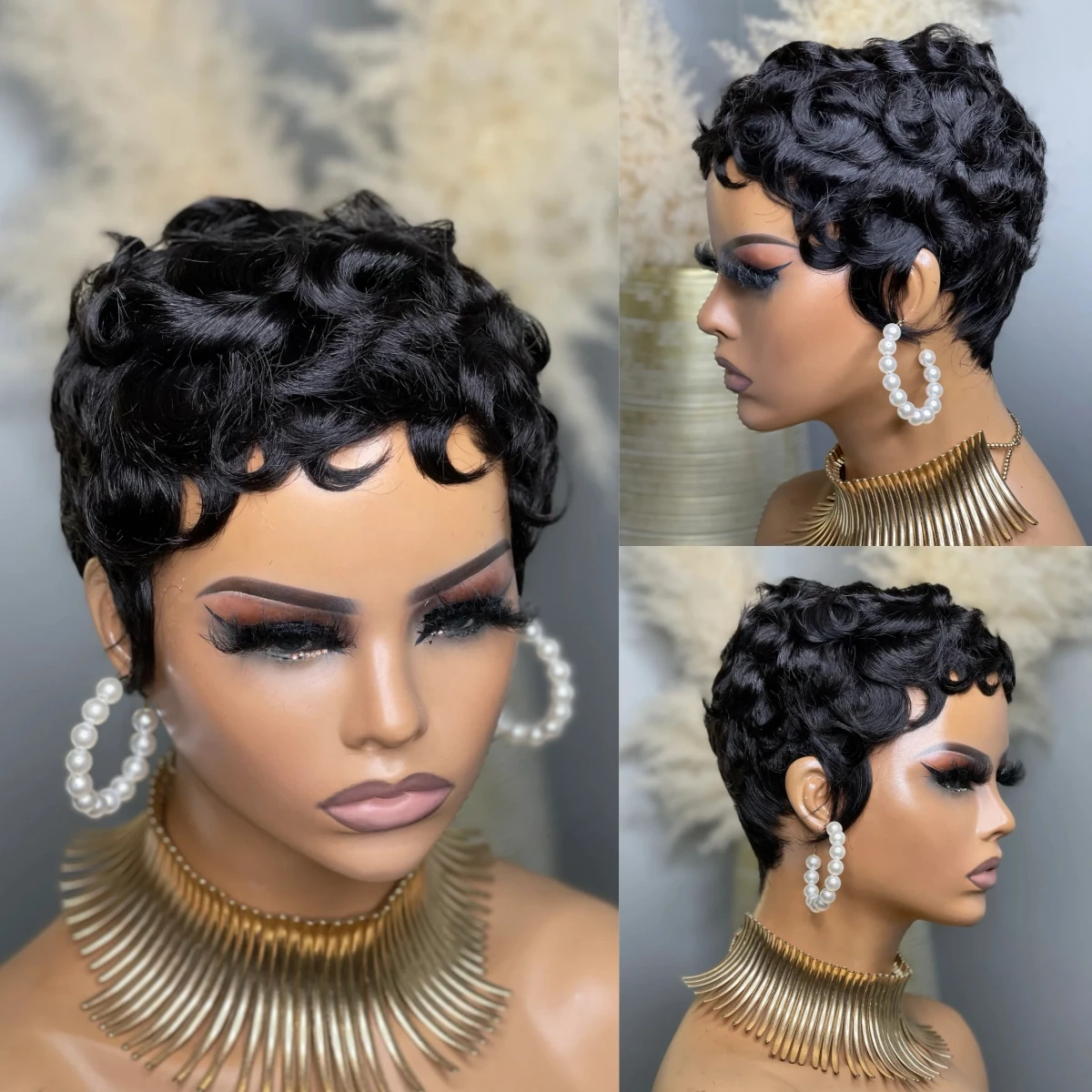 

WIGERA Synthetic Short Black Straight Pixie Cut Water Wave Curly Hair Bob Wig With Bangs Hair Full Machine Made For Black Women