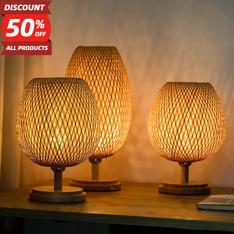 

Vintage Creative Bamboo Table Lamp Chinese Handmade Wooden Table Lamp Dining Room Living Room Bedroom Decorative Lamp