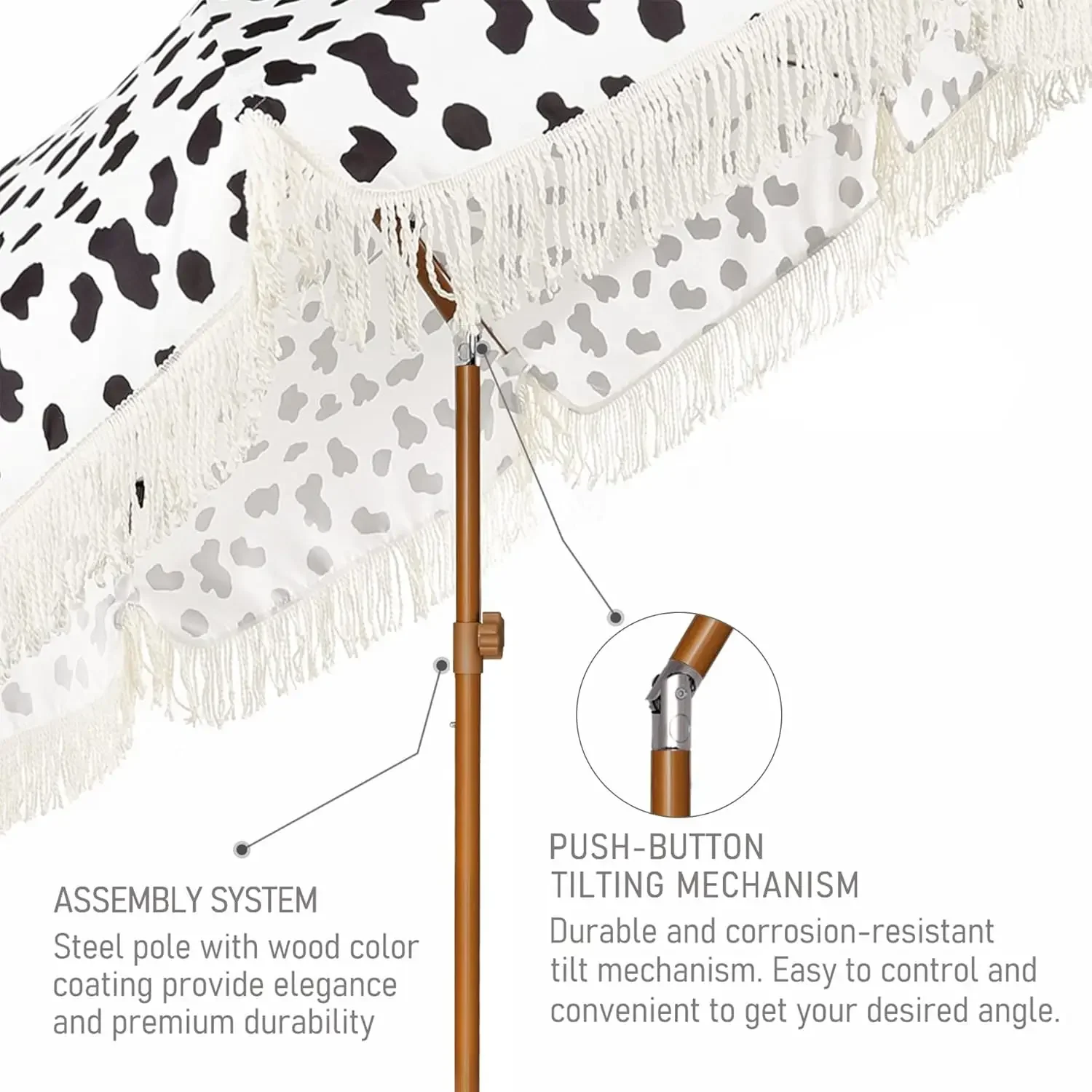 Зонт для патио длиной 7 футов с бахромой, уличный зонт с кисточками, UPF50+, стальной столб премиум-класса и ребрышки, кнопочный наклон, коровья точка