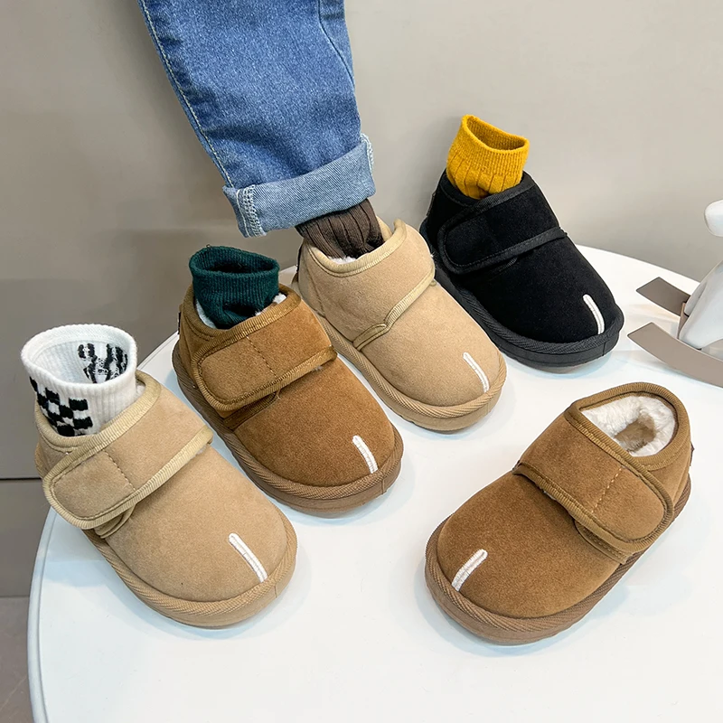 Kids Faux‑Suede Winter Snow Boots, Fake Split‑Toe Stitching Plush Lined Warm Non‑Slip Ankle Boots for Toddler Boys Girls