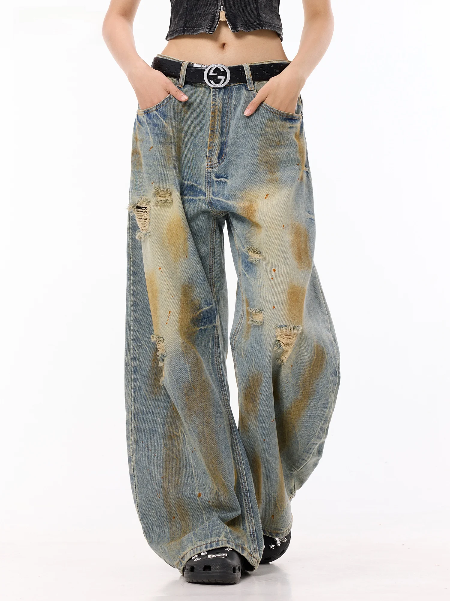 Summer Thin Vintage Ripped Straight Leg Wide Leg Loose Jeans Worn out Casual Cotton Soft Comfortable Breathable Ladies Jeans
