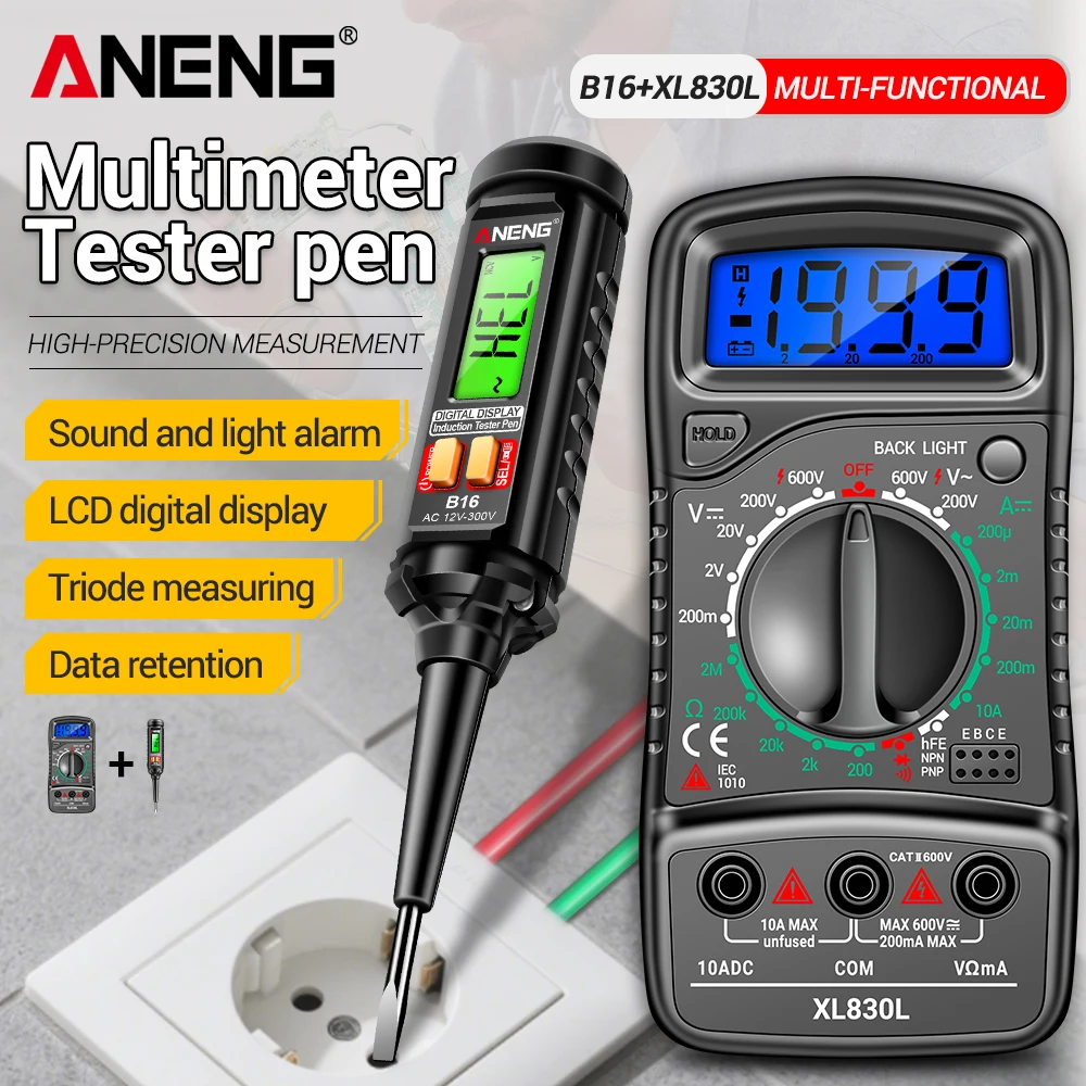 

Digital Multimeter XL830L AC/DC VoltageMeter Buzzer hFE Transistors&B16 Sensing Digital Tester Pen Non-Contact Diagnostic Kit