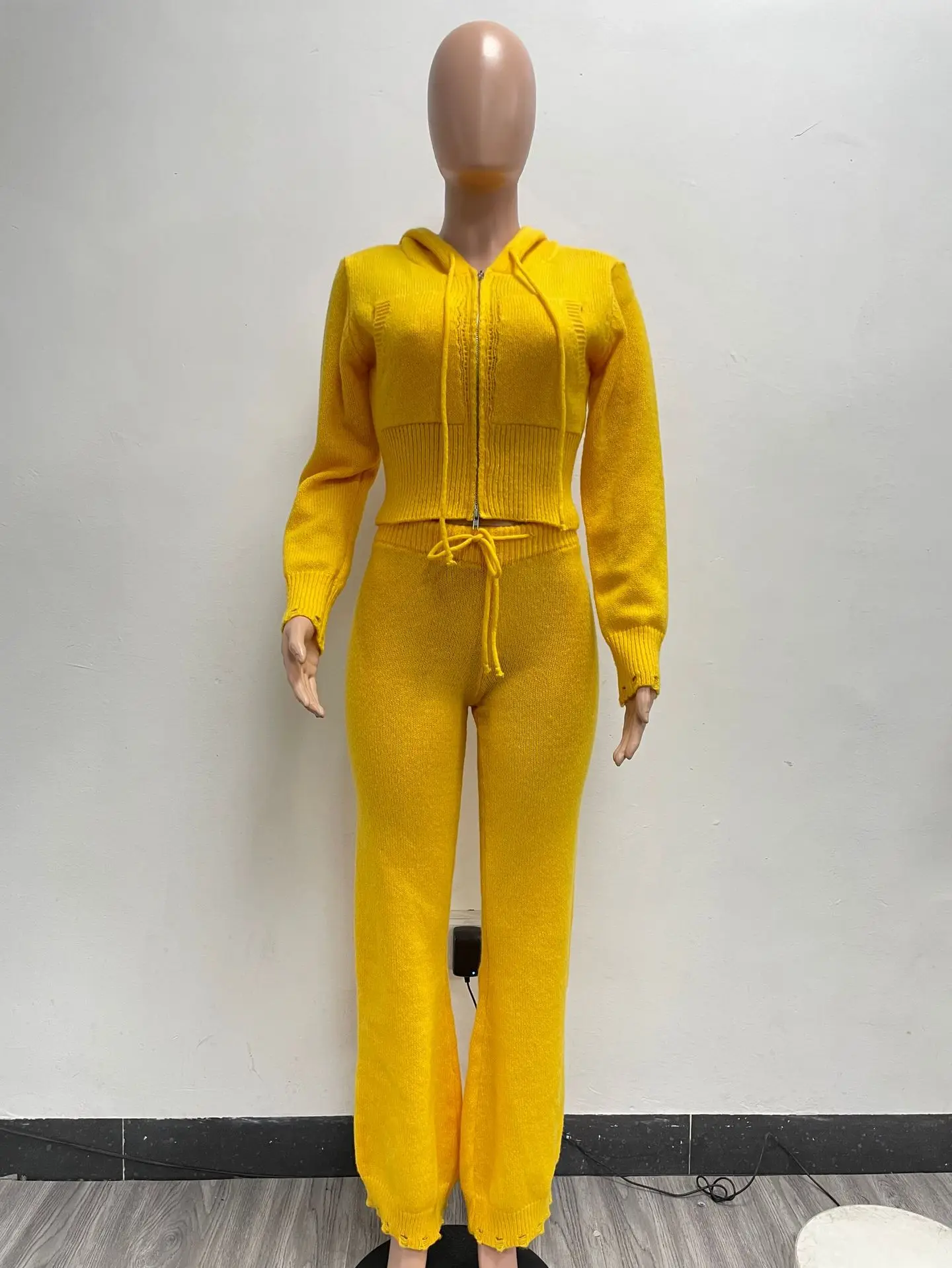 2024 Knitted Hooded Zipper Jackets 2 Piece Pant Set Outfits Women Winter Coats Hoodie Tops Sexy Elegant Pink Two Piece Sets