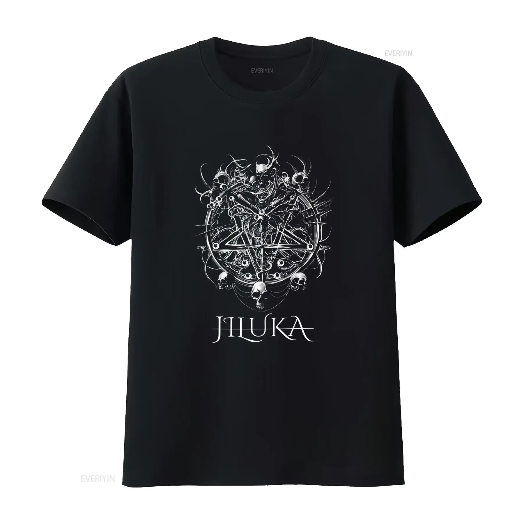 JILUKA Japan Metal Band Gothic Skull Pentagram T Shirt for Rock Punk Style vintage Washed Unisex Casual graphic Slightly