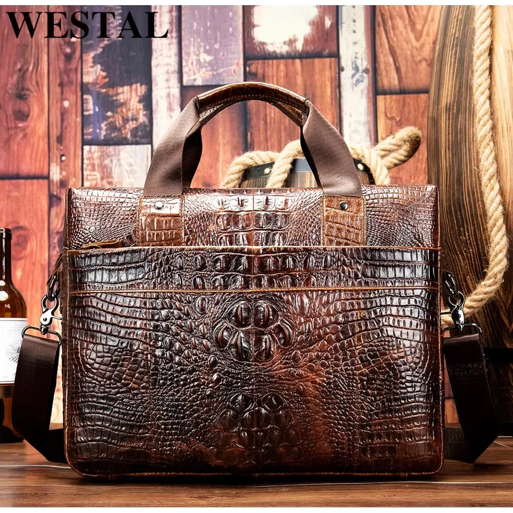 WESTAL Men Briefcase Men\'s Bag Genuine Leather Office Bags for Men Laptop Bag Leather Briefcase Men Croco Design Computer Bags