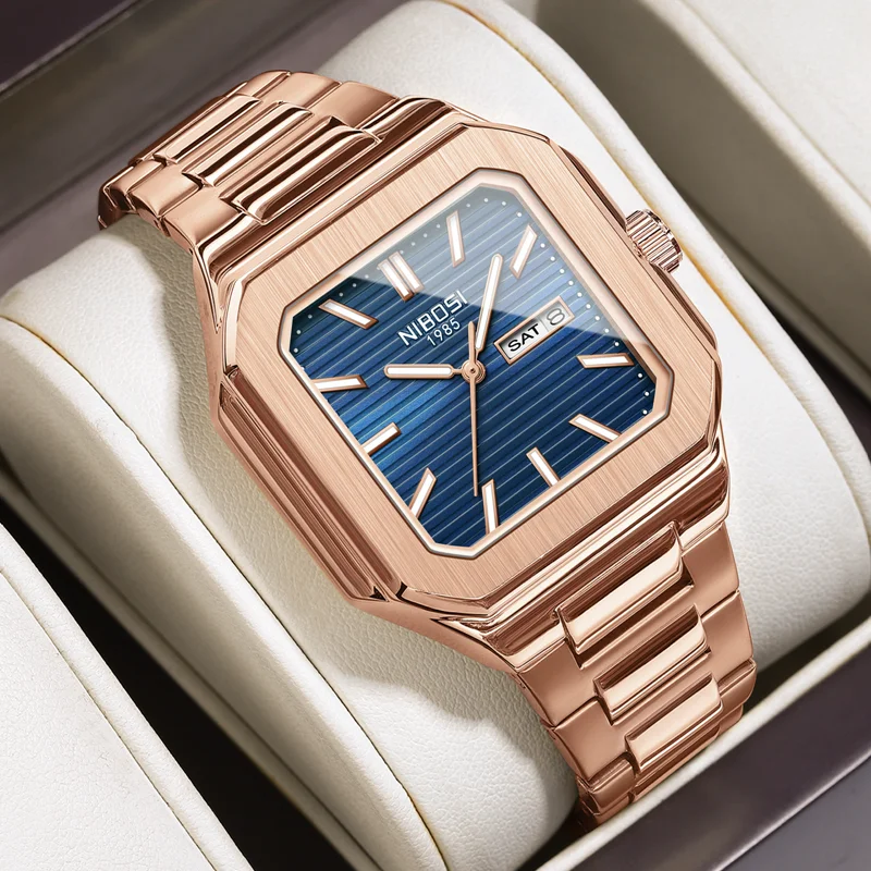 

NIBOSI Роскошные часы для мужчин из нержавеющей стали, водонепроницаемые светящиеся квадратные мужские часы, дата, неделя, модные повседневные мужские кварцевые часы