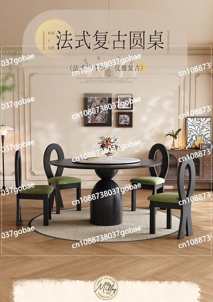 

Black Retro Style Solid Wood round Dining Table Stone Plate Home round Table with Turntable