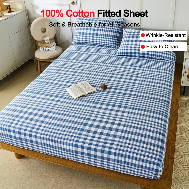 

100% Cotton Fitted Sheet, Blue Plaid Bed Sheet with Deep Pocket, Soft Breathable Wrinkle Resistant Top Sheet Machine Washable