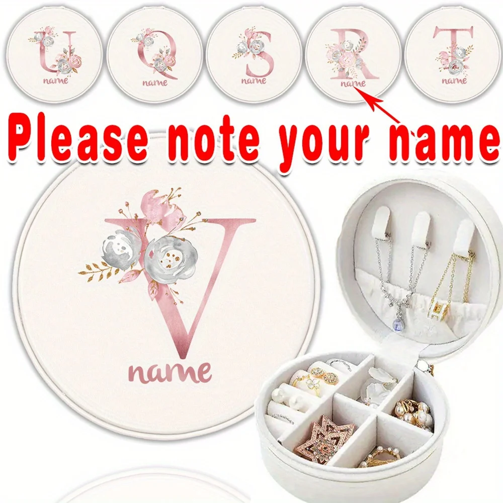 

Customized Name PU Leather Jewelry Round Case with Zipper Opening Women Earrings Necklaces Box Ideal Valentine's Day Gifts