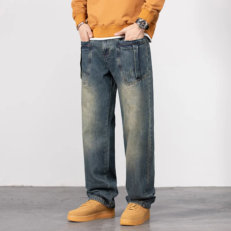 Men's multi-pocket work jeans New autumn and winter models Straight loose wide-leg fashion men's jeans Large size 29-44